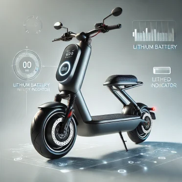 DALL·E 2025-02-19 09.14.16 - A modern electric scooter with a sleek design, featuring a lithium battery indicator and an ergonomic seat. The scooter is showcased in a clean studio